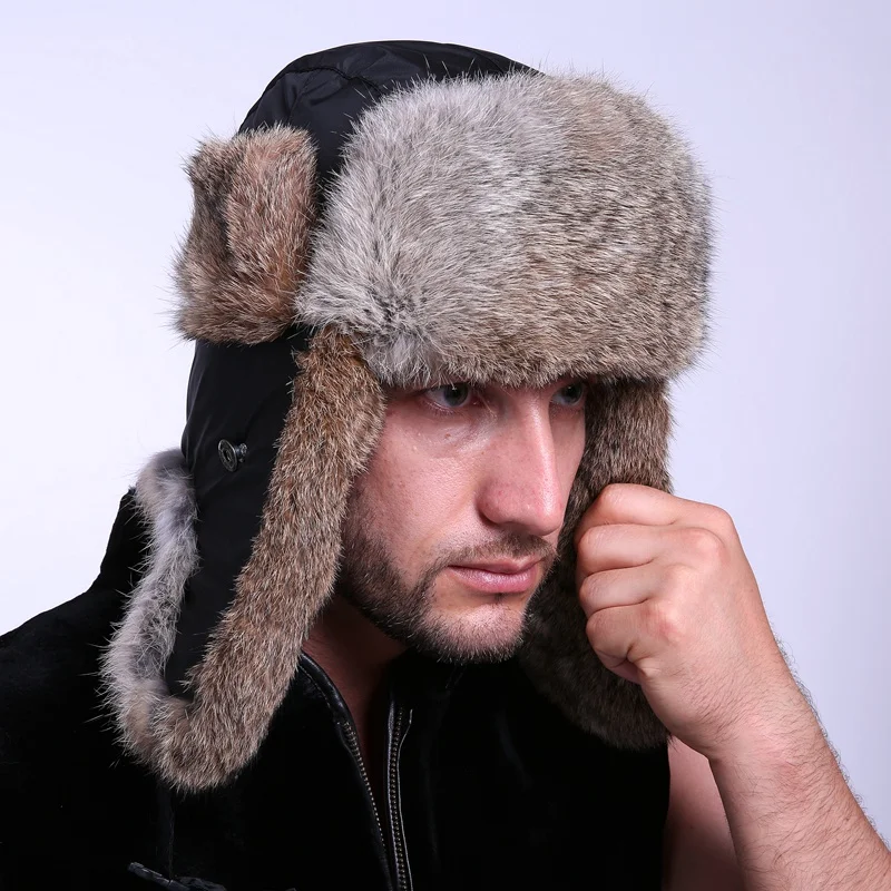 100 Rabbit Real fur bomber hat men gray Russia outdoor ear cap women