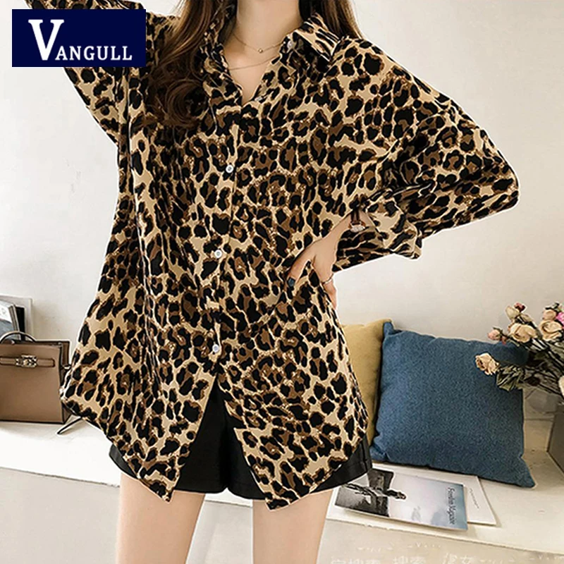 Vangull 2019 Summer New Style Fashion Women Leopard Shirts Long Sleeve Chiffon Tops Plus Size Loose Casual Ladies | Женская одежда