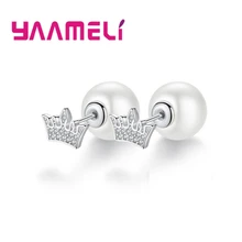 Элегантный белый жемчуг корона дизайн хорошее 925 пробы серебряные серьги с цирконием кубической огранки Кристалл ювелирные изделия для женщин