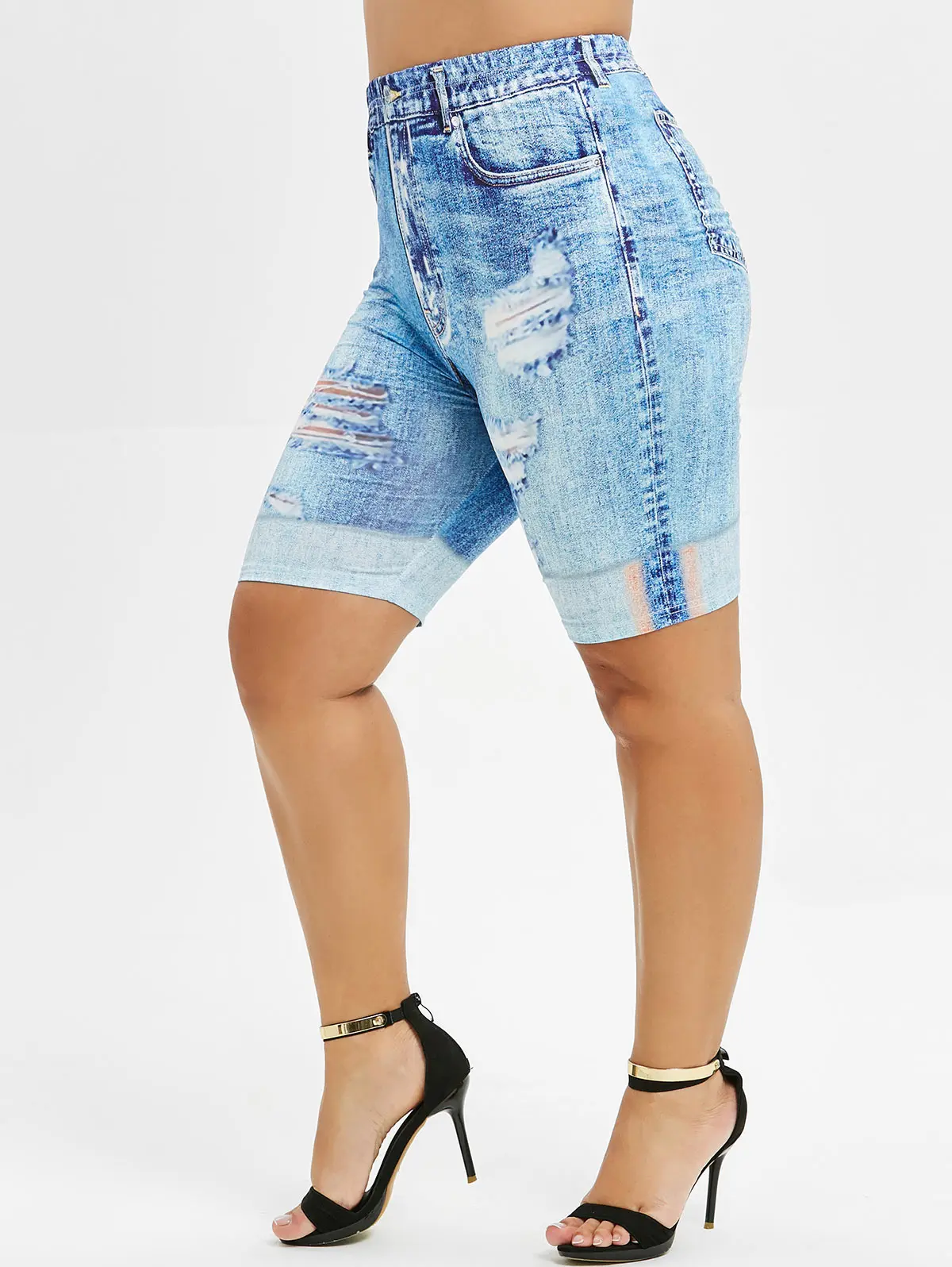 

Wipalo Plus Size 3D Jean Print Short Leggings Summer Skinny High Elastic Waist Leggings Fashion Women Bottoms 2019 Streetwear