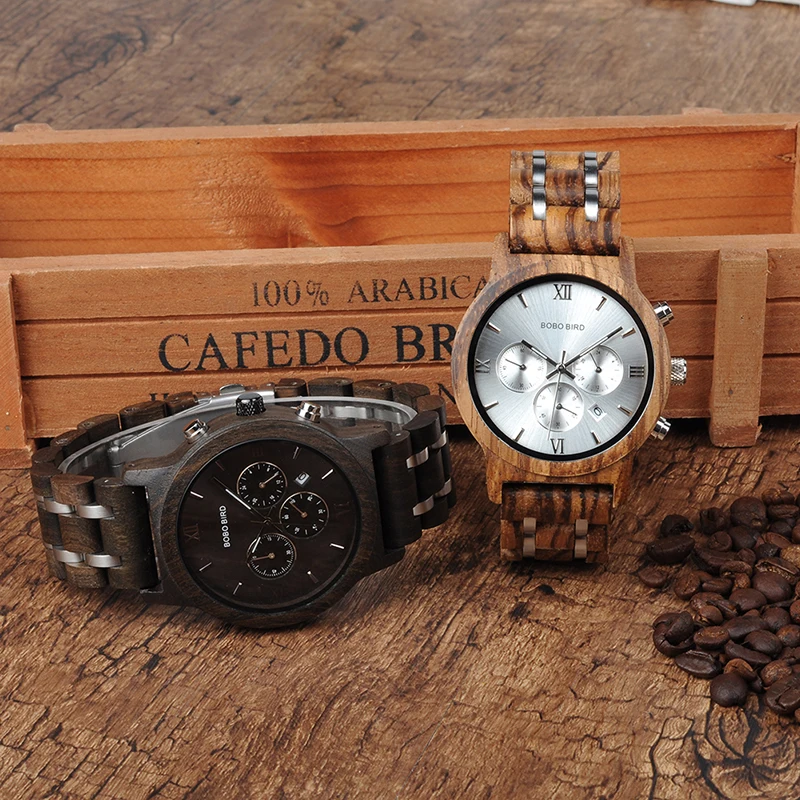 BOBO BIRD Luxury Brand Wooden Watches Men Quartz Wristwatch Male Stopwatch erkek kol saati in wood box