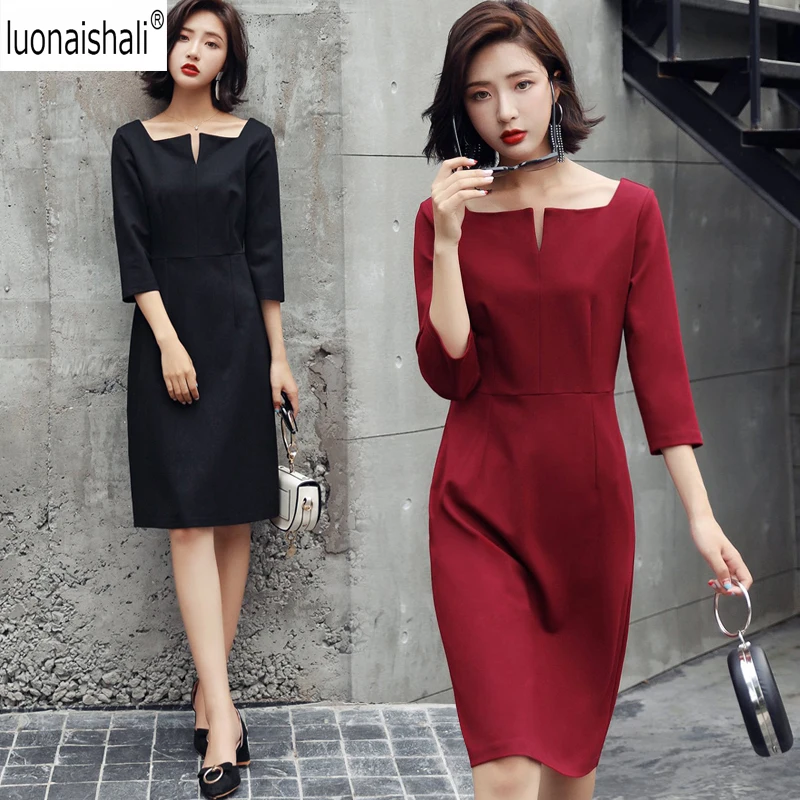 

All-match Office Women Vintage Spring Solid V neck Zippers Back Formal 3/4 Sleeve Stretch Pencil Elegant Slim Dresses Vestido