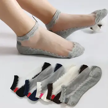 

1Pair Silk Socks Summer Leisure Jacquard Female Crystal Fashion Women Thin Bow Glass Elastic Ladies Harajuku Boat Ankle Socks