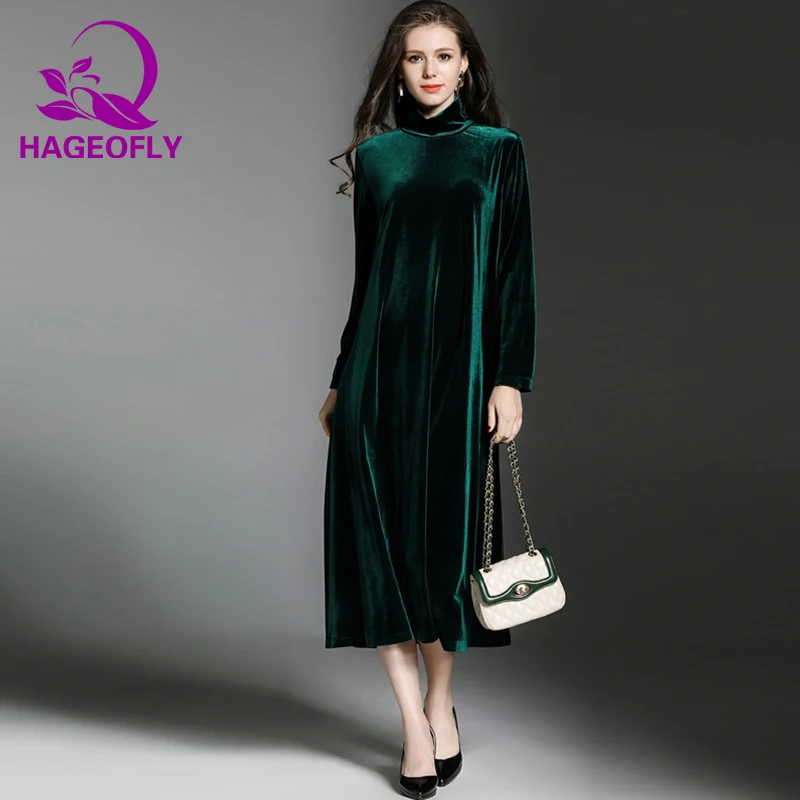 

HAGEOFLY Autumn Velvet Dress Vintage Long Sleeve Black Turleneck Loose Midi Long Casual Dress Big Size Women Dresses Vestidos