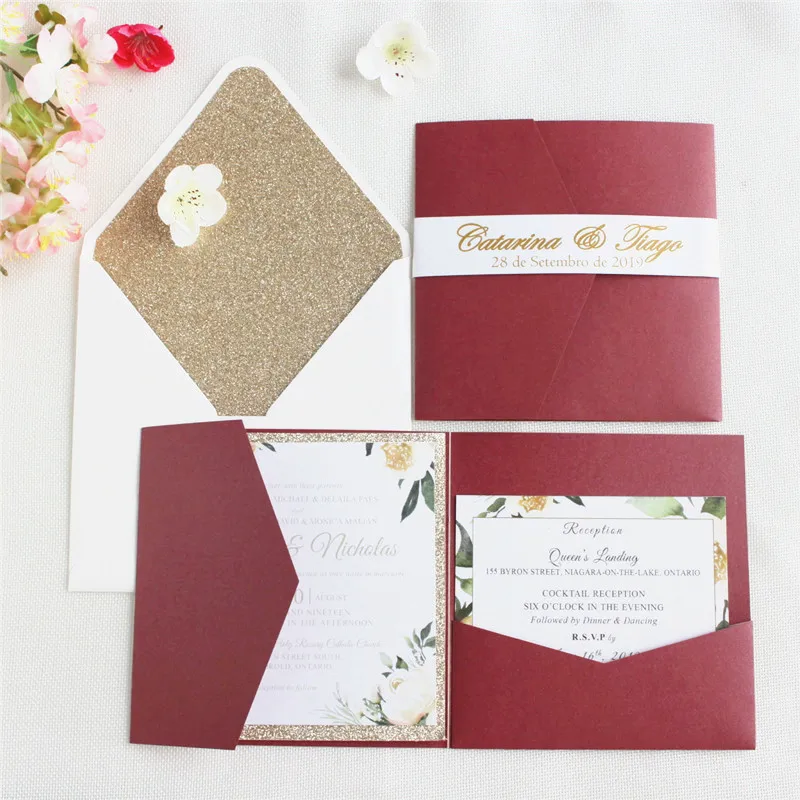 

Burgundy wedding invitation with glittery rose gold insert envelop belly band customized printing 50pcs