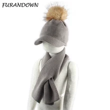 Boy Girl Real Fur Pom Pom Beanie Winter Warm Scarf Hat For Kids Children Knitted Baseball Hat Scarf Set Boy Girl Real Fur Pom Pom Beanie Winter Warm Scarf Hat For Kids Children Knitted Baseball Hat Scarf Set