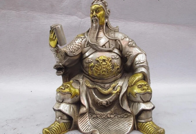 

Collectible bronze lion statue S0669 Chinese White Copper Silver Gild Sit Dragon Guan gong Guan Yu Warrior Statue (B0413)