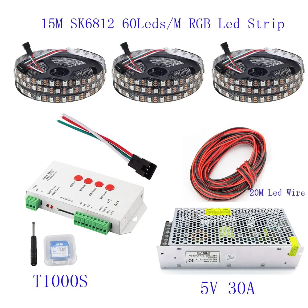 20 м 15 M 10 м 5 м WS2812B Светодиодные ленты WS2812B IC 60 Светодиодный s/M RGB Smart Pixel полосы + T1000S светодиодный контроллер + 5 V светодиодный источника питания