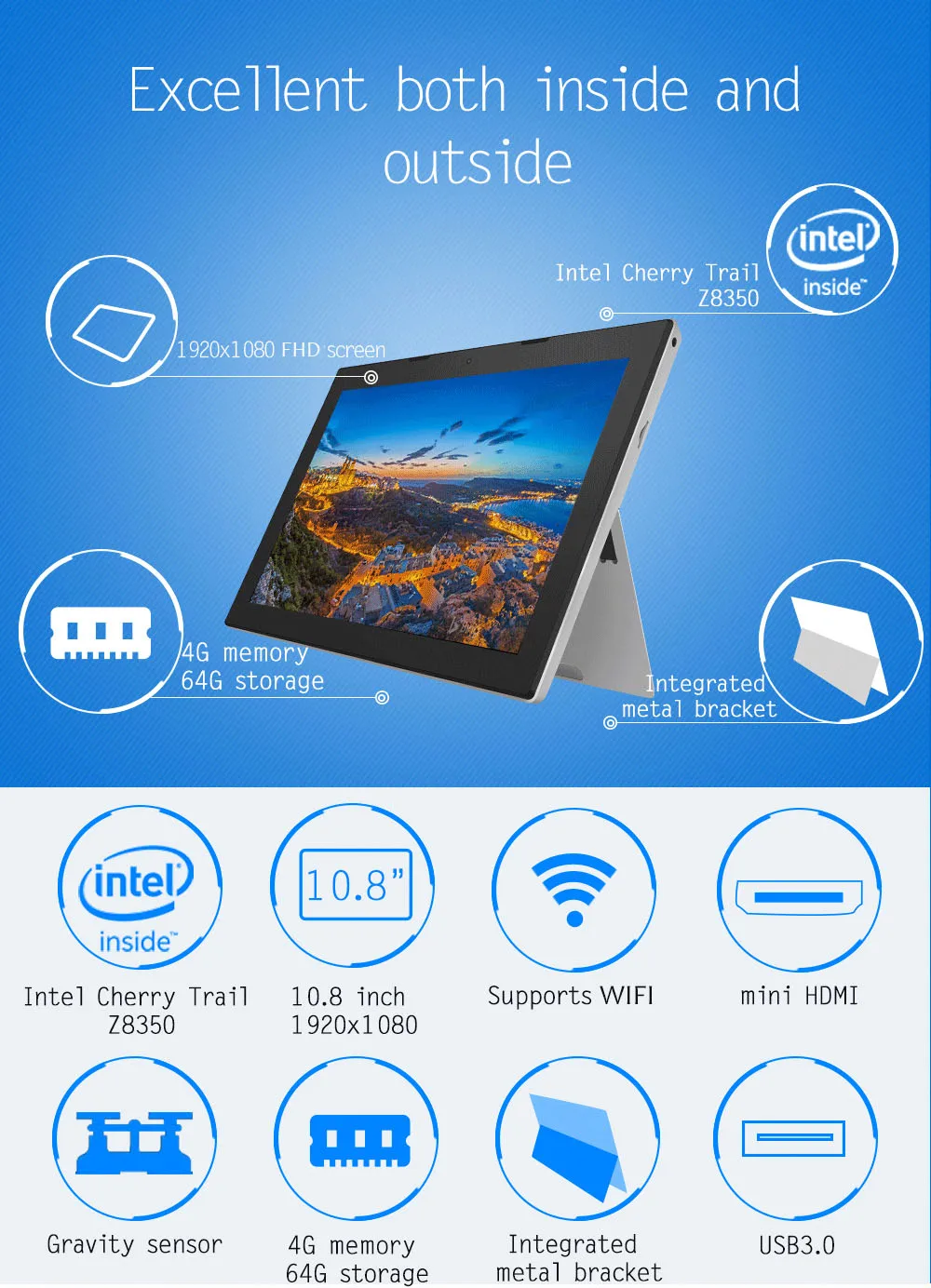 Jumper Ezpad 7 S 2 в 1 планшетный ПК 10,8 ''Intel Cherry Trail Z8350 четырехъядерный процессор 4 Гб + 64 Гб 2MP камера 2,4 г WiFi с магнитной клавиатурой