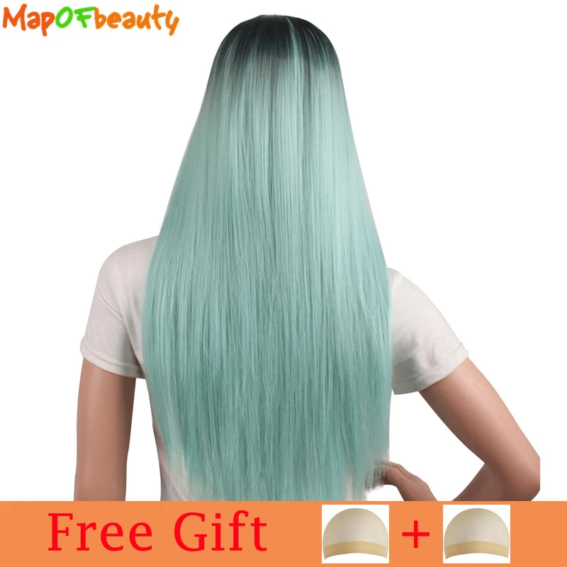 

MapofBeauty Ombre Black To Pink Blue Long Straight Wigs For Women Heat Resistant Synthetic Natural Cosplay Wig Middle Part Hair