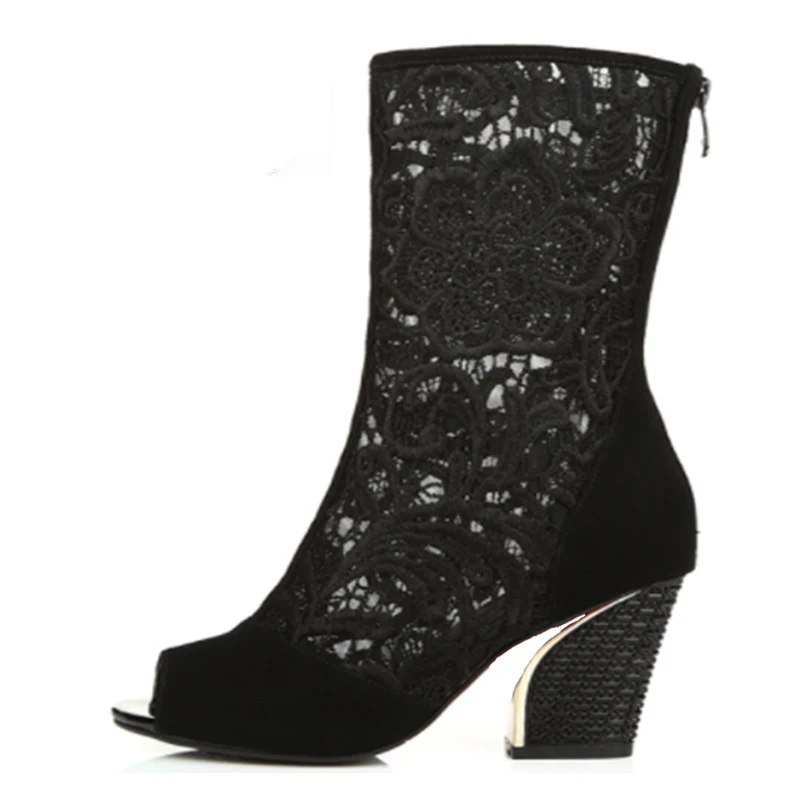 2016 женские летние сапоги кружевные с замшевыми вставками открытым носком