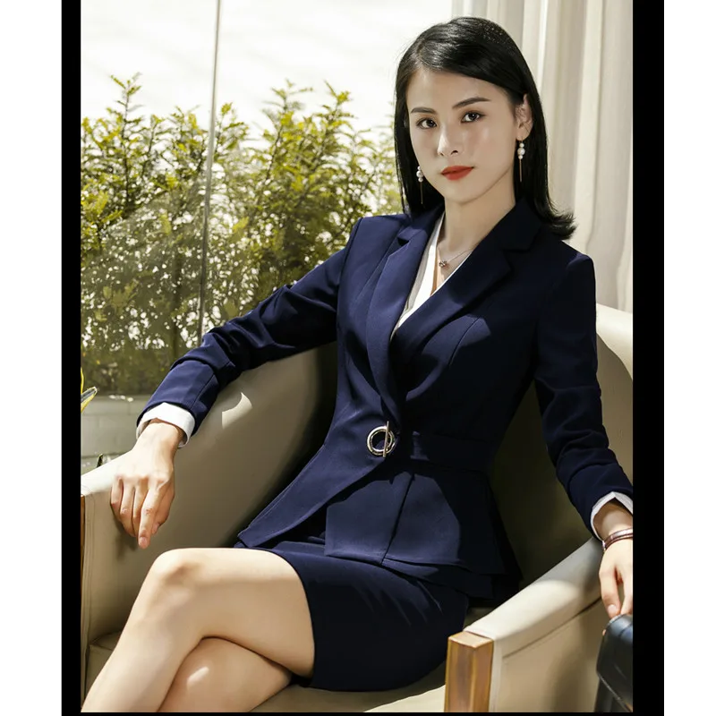 blue skirt suit Fmasuth элегантный женский костюм Офисная Женская юбка формальный гофрированный приталенный жакет+ юбка комплект из 2 предметов жакет юбка костюм 111YJE1882CS01 - Цвет: blue skirt suit