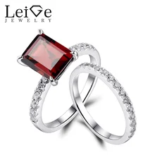 Leige Jewelry Sterling Silver Rings Natural Garnet Engagement Ring Set for Women Anniversary Gift Emerald Cut January Birthstone