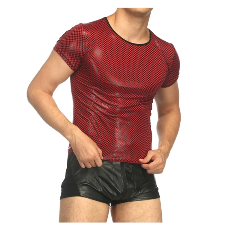 2019 Sexy Men's Patent Leather T-shirt Nightclub Performance Show Glossy Checked Skinny T-Shirt Short Sleeve Pullover Slim Fit (6)