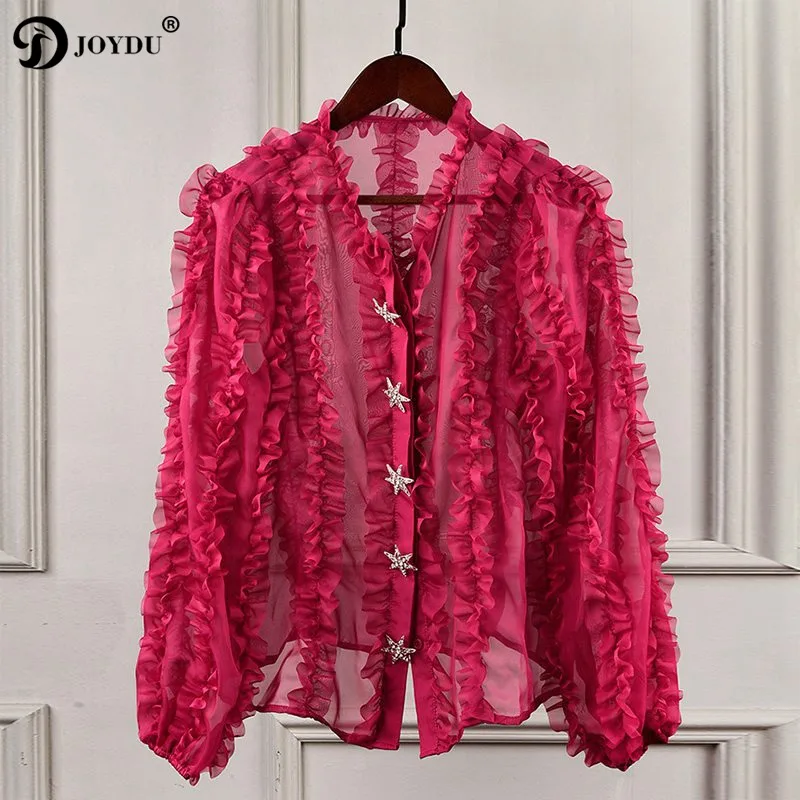 شيك العلامة التجارية المدرج قمصان للنساء فانوس كم الفرنسية الرومانسية ستار الماس أزرار بلوزة قميص 2019 الكشكشة خليط أعلى