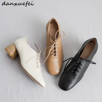 

Women's genuine leather lace-up pumps british style chunky heel spring autumn comfortable pumps med heel comfort oxfords shoes