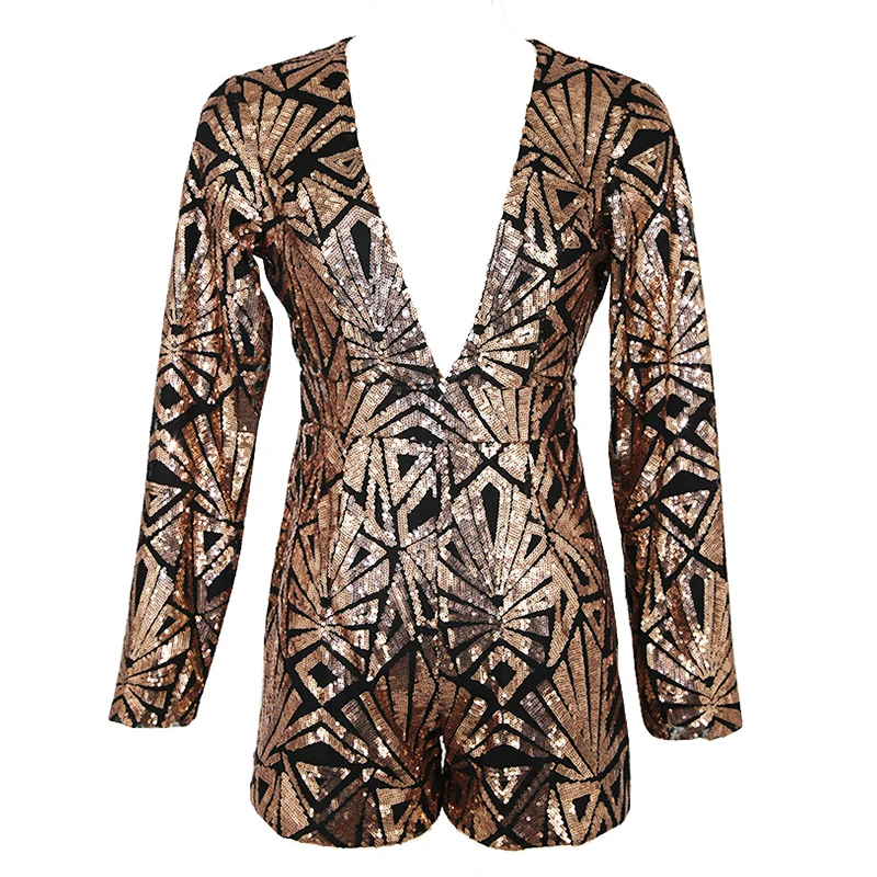 2019 New Summer Deep V Neck Long Sleeve Rompers Women Sequin Jumpsuit Sexy Short Club Party Bodycon Jumpsuits Playsuit