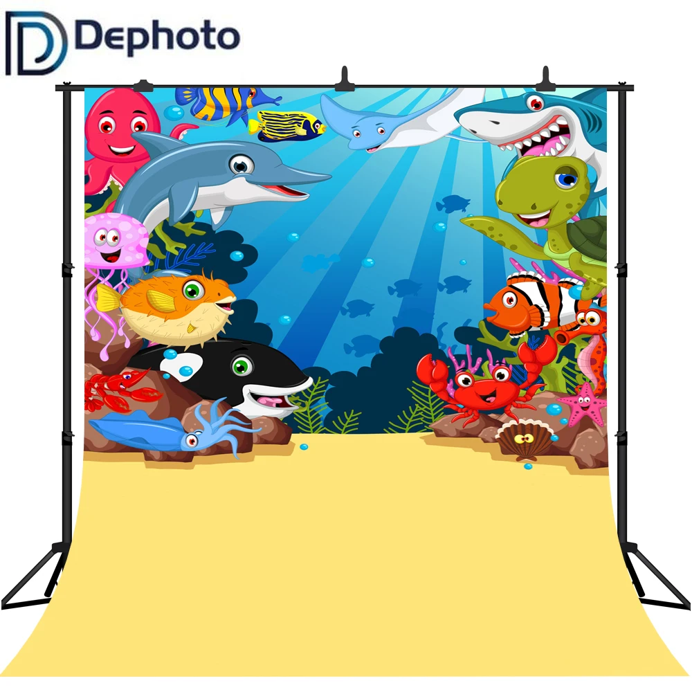 

DePhoto Undersea World Photography Backdrops Baby Shark Cartoon Fish Bubble Party Portrait Photo Backgrounds Photo Studio