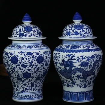 

Chinese Style Antique Imposing Ceramic Ginger Jar Home Office Decor Blue And White Porcelain Vase