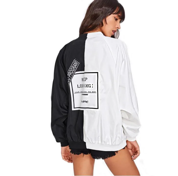 Two Tone Patch Back Letter Ribbon Detail Patchwork Bomber Jacket