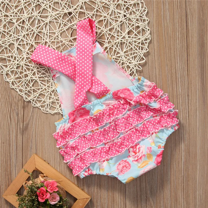Детская розовая футболка с цветочным принтом и оборками для маленьких девочек 0-18 месяцев, костюм с вырезом на спине, Sunsuit, одежда для маленьких девочек