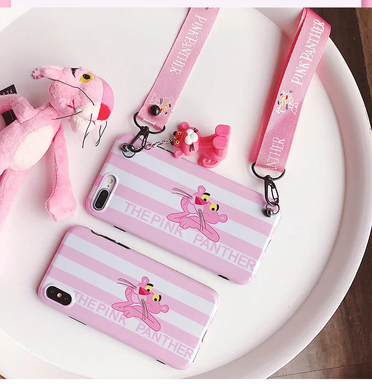 

For iphone 11 pro Pink panther case, Cute Smooth skin Soft Cover case for iphone XS max XR X 6 6S 7 8 plus Fudas +toy + strap