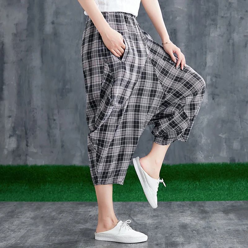 #0640 Summer Plaid Wide Leg Pants Women Elastic Waist Baggy Harem Cotton Linen Pants Vintage Korean Big Size Trousers Ladies #0640 Summer Plaid Wide Leg Pants Women Elastic Waist Baggy Harem Cotton Linen Pants Vintage Korean Big Size Trousers Ladies