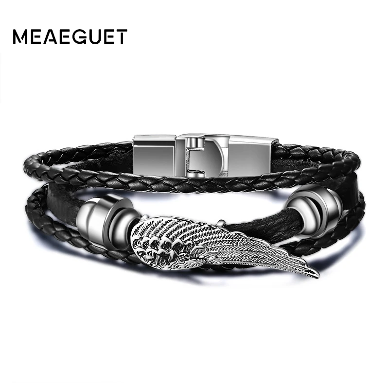 

Vintage Leaf Feather Multilayer Leather Bracelet Men Fashion Braided Handmade Rope Wrap Zinc Alloy Bracelets Bangles Male Gift