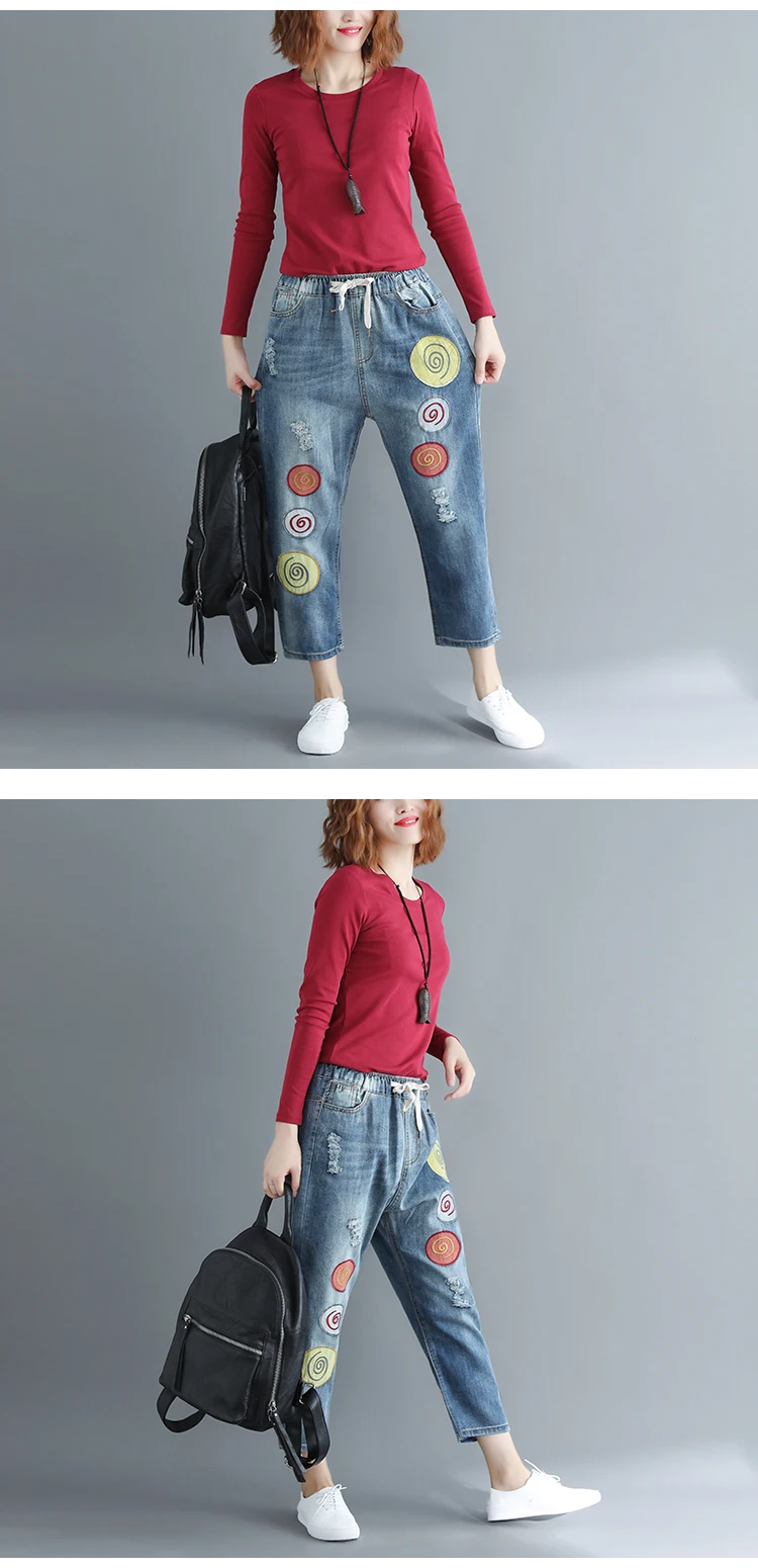 Плюс Размеры Лоскутная капри джинсы для женщин 2018 Осень упругие талии свободные Повседневное Ретро Женские джинсовые штаны-шаровары Жан с