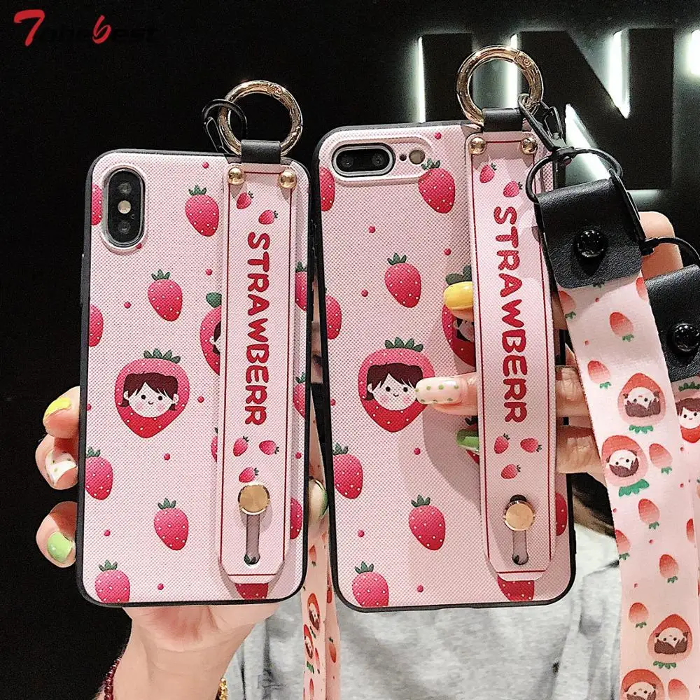 

Wrist Strap Phone Case For iphone X XS MAX XR 6 6s 7 8 plus 7Plus 8Plus XSMAX Cute Strawberry Girl Soft TPU Silicone Case Cover