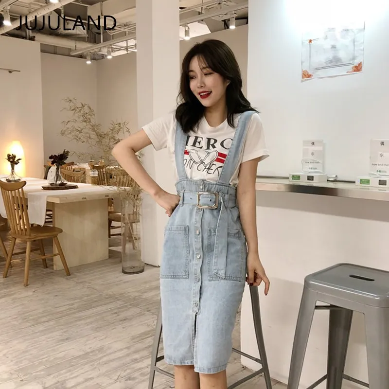 

JUJULAND Ladies suspender skirt up High-waisted denim skirt European style Sashes and Button vintage fashion skirts good quality