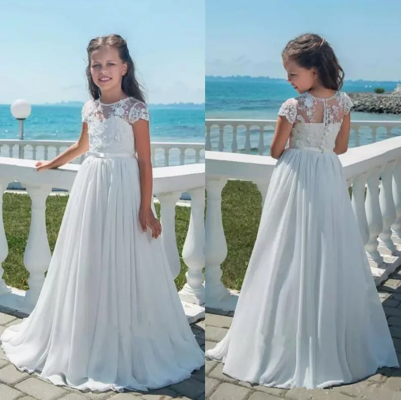 White Lace Flower Girl Dresses for Wedding A Line Cap Sleeves Appliques