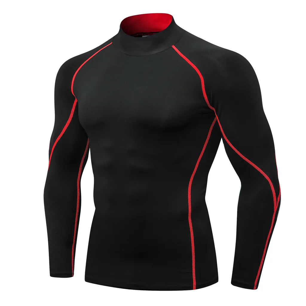 

JAYCOSIN men's winter tight 3 color printing stitching T-shirt thin hem long-sleeved shirt quick-drying sports training running