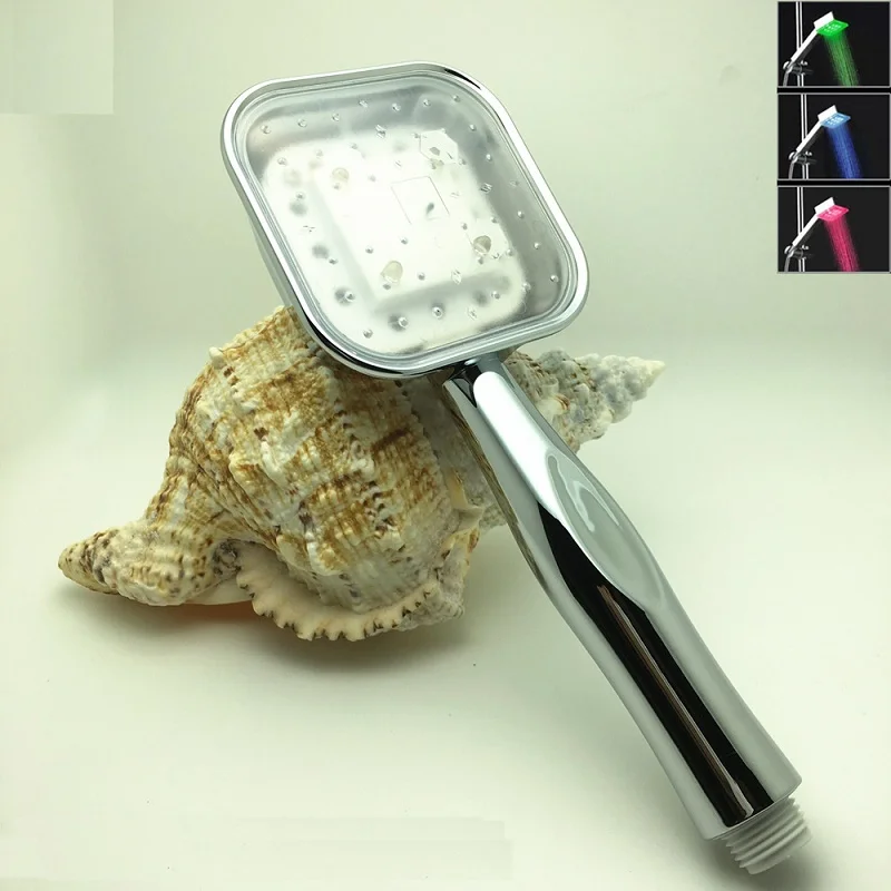 

New and Hot LED Handheld Shower Head 3 Colors Change Temperature Sensor LED Bathroom Shower Head LED Square Shaped Water Powered