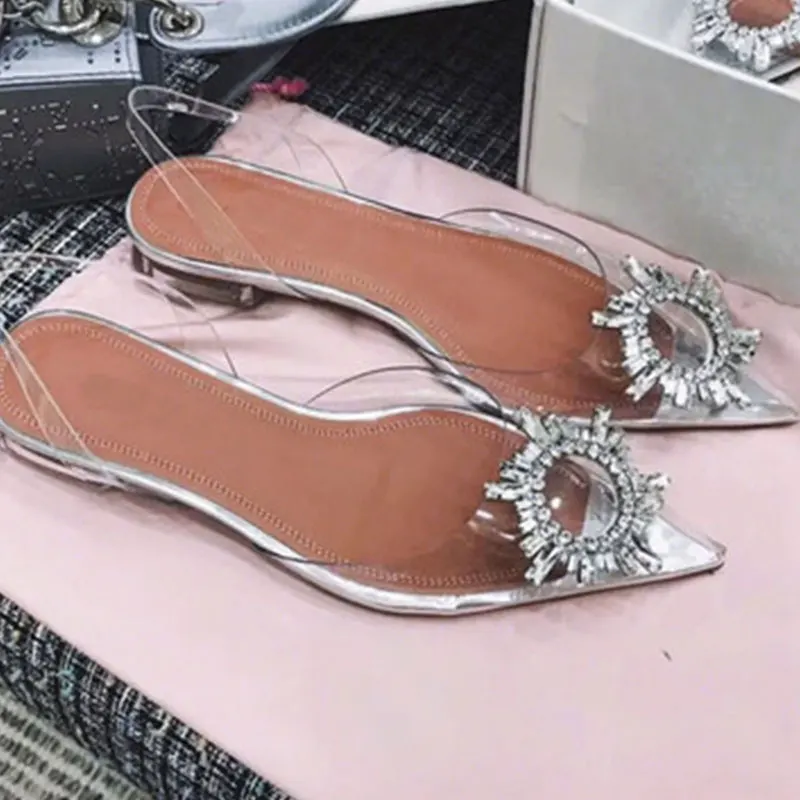 ElisabetTang/прозрачная обувь; женские босоножки с ремешком на пятке; прозрачная обувь из ПВХ с пряжкой и кристаллами; женская свадебная обувь на высоком каблуке с острым ремешком - Цвет: low heel height