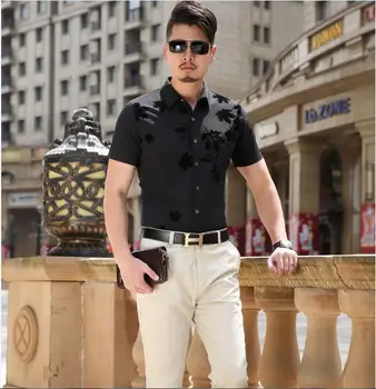 

2016 Latest design summer men's shirts leaf pattern short sleeve dress shirt