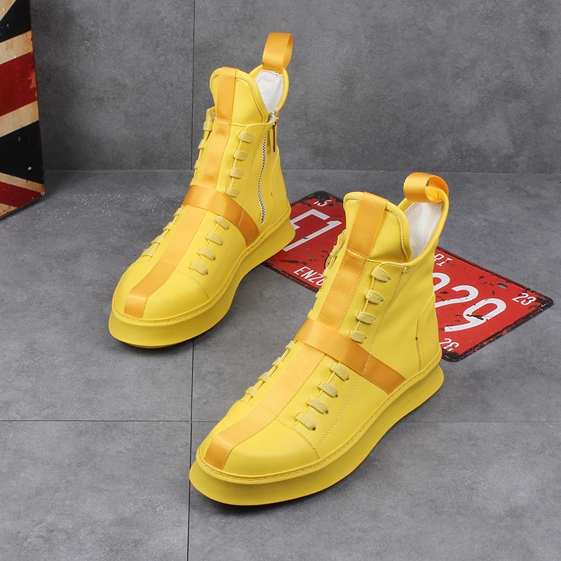 Мужские кроссовки в стиле хип-хоп, уличная танцевальная мужская кожаная повседневная обувь с высоким берцем, обувь на толстой подошве, обувь со звездами, желтая, Белая обувь на плоской подошве
