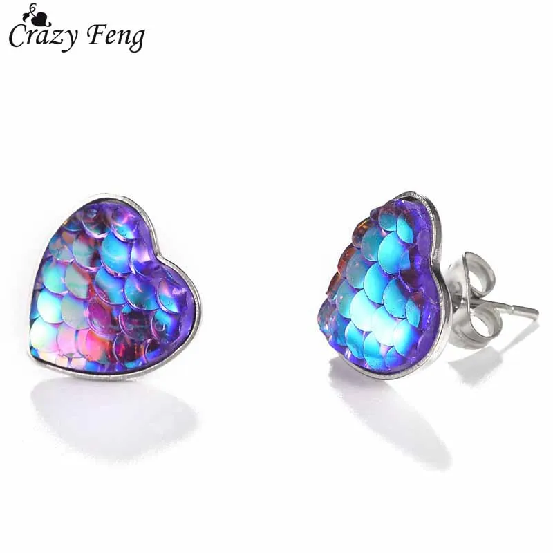 

Fashion Colorful Heart Stud Earrings Party Wedding Jewelry Trendy Multicolor Mermaid Fish Scale Little Earrings Female Bijoux