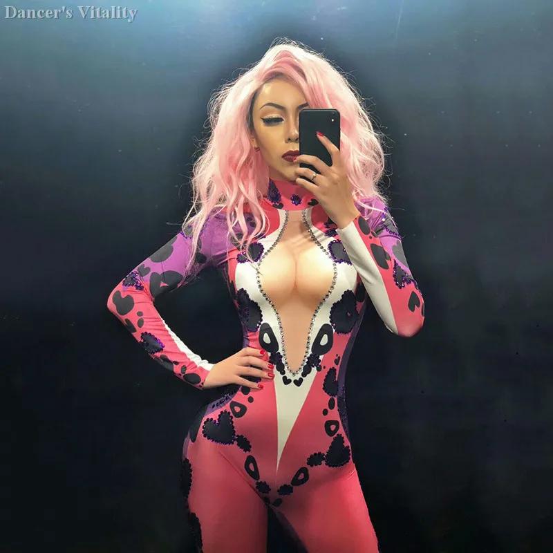 

Rhinestones Red Printing Dress Bodysuit Women Birthday Celebrate Dress Nightclub Stage Women jumpsuit Singer Dancer Show Dress