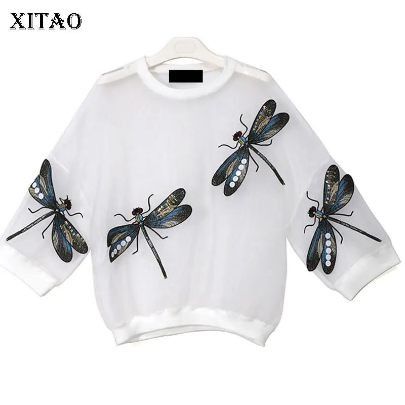 Tanie XITAO czarna biała siatka T koszula ważki T koszula kobiety haft Sheer Kawaii Tee Plus rozmiar T koszula koszulka Femme nowy LJT1723