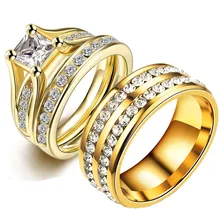 Принцесса с кубическим цирконием парные кольца из нержавеющей стали обручальное кольцо набор для женщин и мужчин вечерние ювелирные изделия золотого цвета