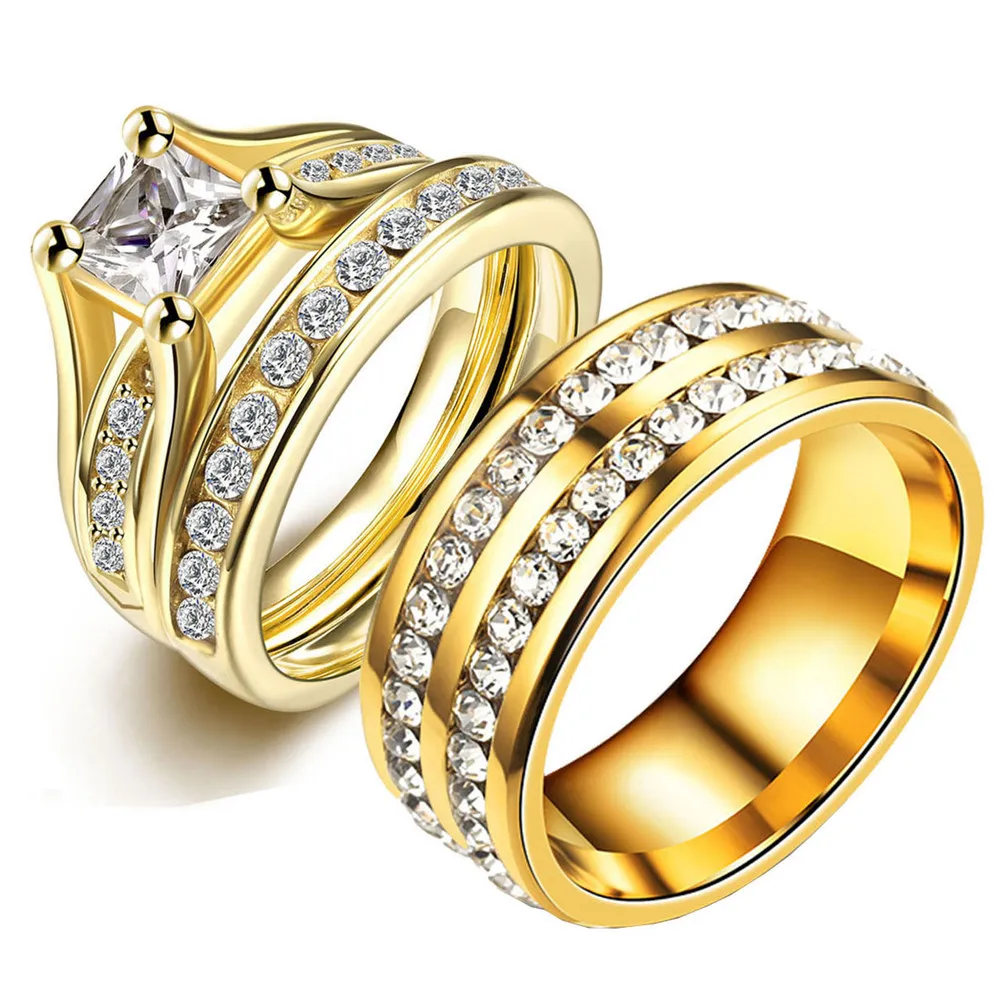 

Princess Cut Cubic Zirconia Couples Rings Stainless Steel Wedding Ring Set for Women and Men Party Jewelry Gold Color