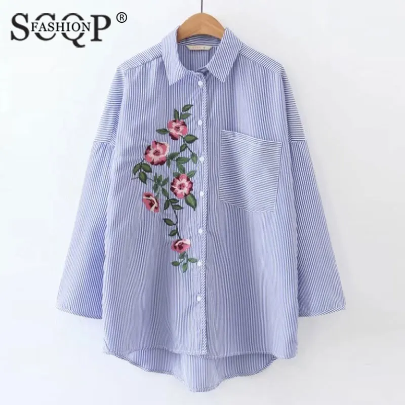Scqp fashion полосатый вышивка синий женская верхняя одежда и блузки женские с длинным