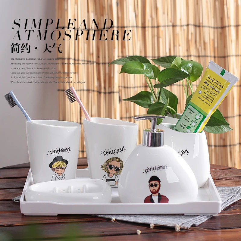 

Nordic character bathroom five sets Simple ceramic mug Soap dish Lotion bottle Creative Bathroom Set Wedding Couple Gifts