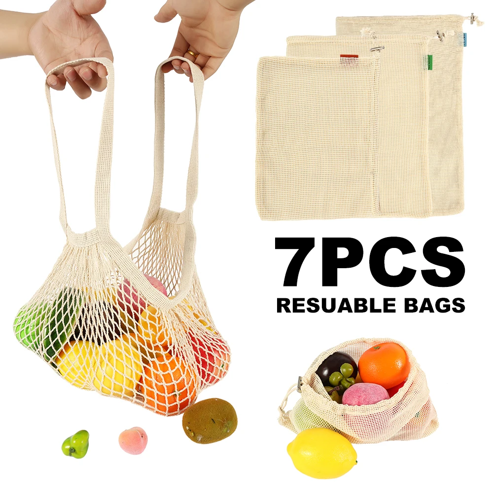 

7pcs Reusable Mesh Drawstring Bags Cotton Washable Fruit Vegetable Shopping Storage Bags Toys Sundries Grocery Organizer Pouch