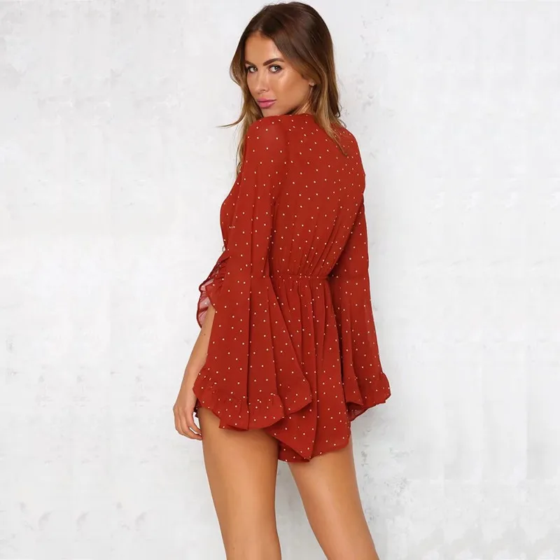 yinlinhe Red Polka Dot Playsuit Women Lace Up Hollow Out Flare Sleeve Short Jumpsuit Women V neck Boho Elegant Rompers  5