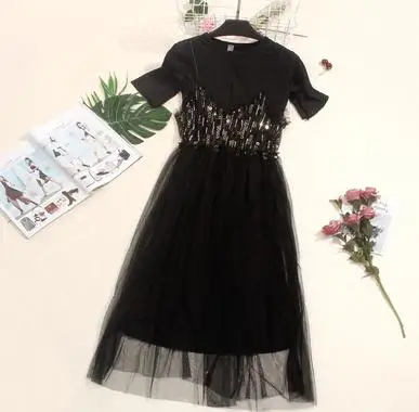 Женские летние платья из двух частей, милое платье-футболка с коротким рукавом+ Сетчатое платье на бретелях с блестками, женское длинное кружевное платье, Vestidos AB1435 - Цвет: Черный