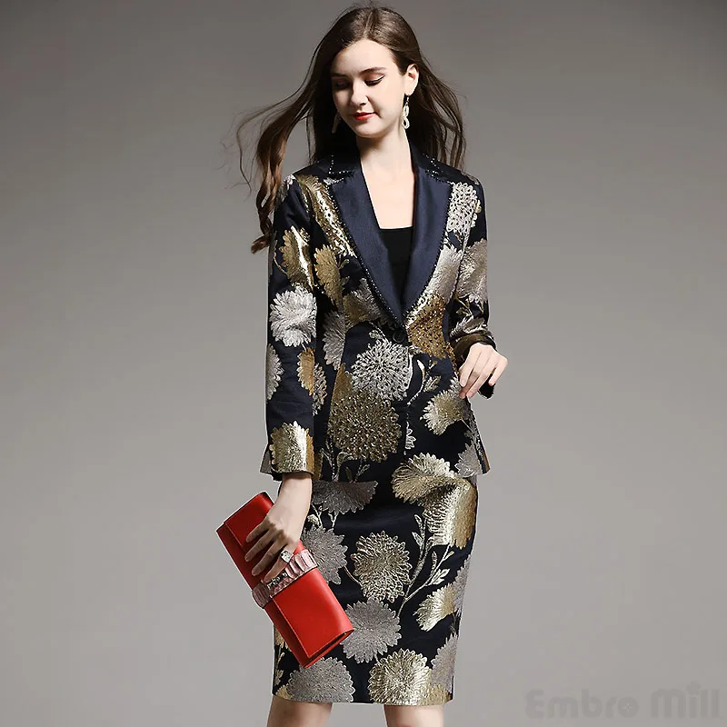 Высококачественный осенне-зимний женский костюм из вискозы, винтажное цветочное Свободное пальто, украшенное бисером+ жаккардовые юбки, комплект из 2 предметов, Женский M-XXL