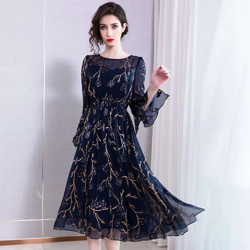 

Summer 2019 New Silk Horness Sleeve Lower-waist Temperament Slim Mulberry Silk Dress Mid-long Dresses