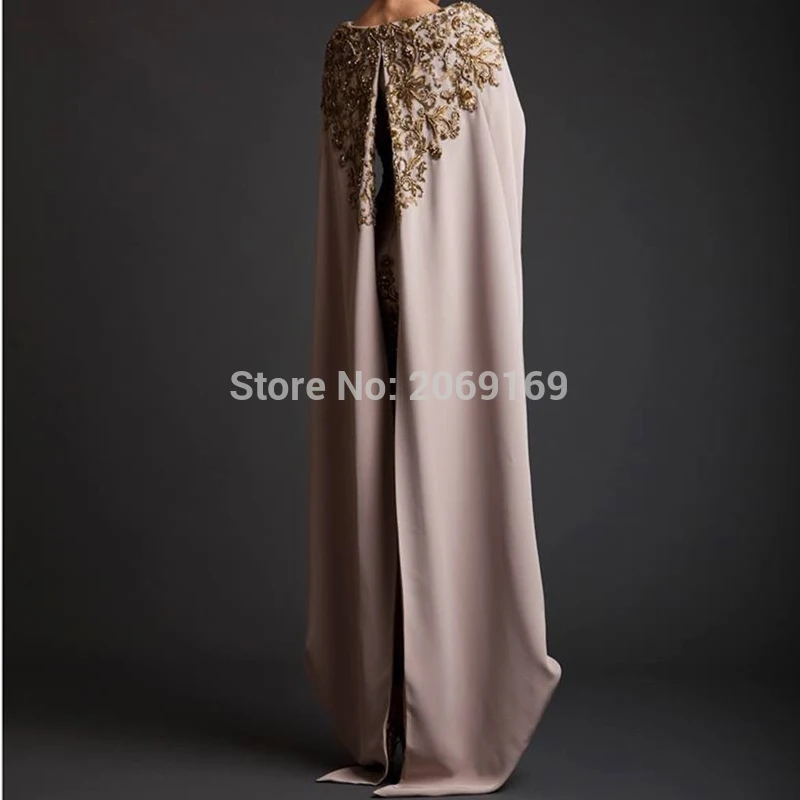 Arabic Lace Embroidered Shawl Evening Dress with Gold Decals, Short Front Long Back & Oval Neckline – Removable Cape Dresses for Special Occasions image 2